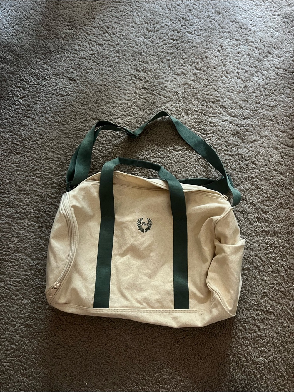 PINK Victoria's Secret Cream Canvas Tote with Dark Green Straps